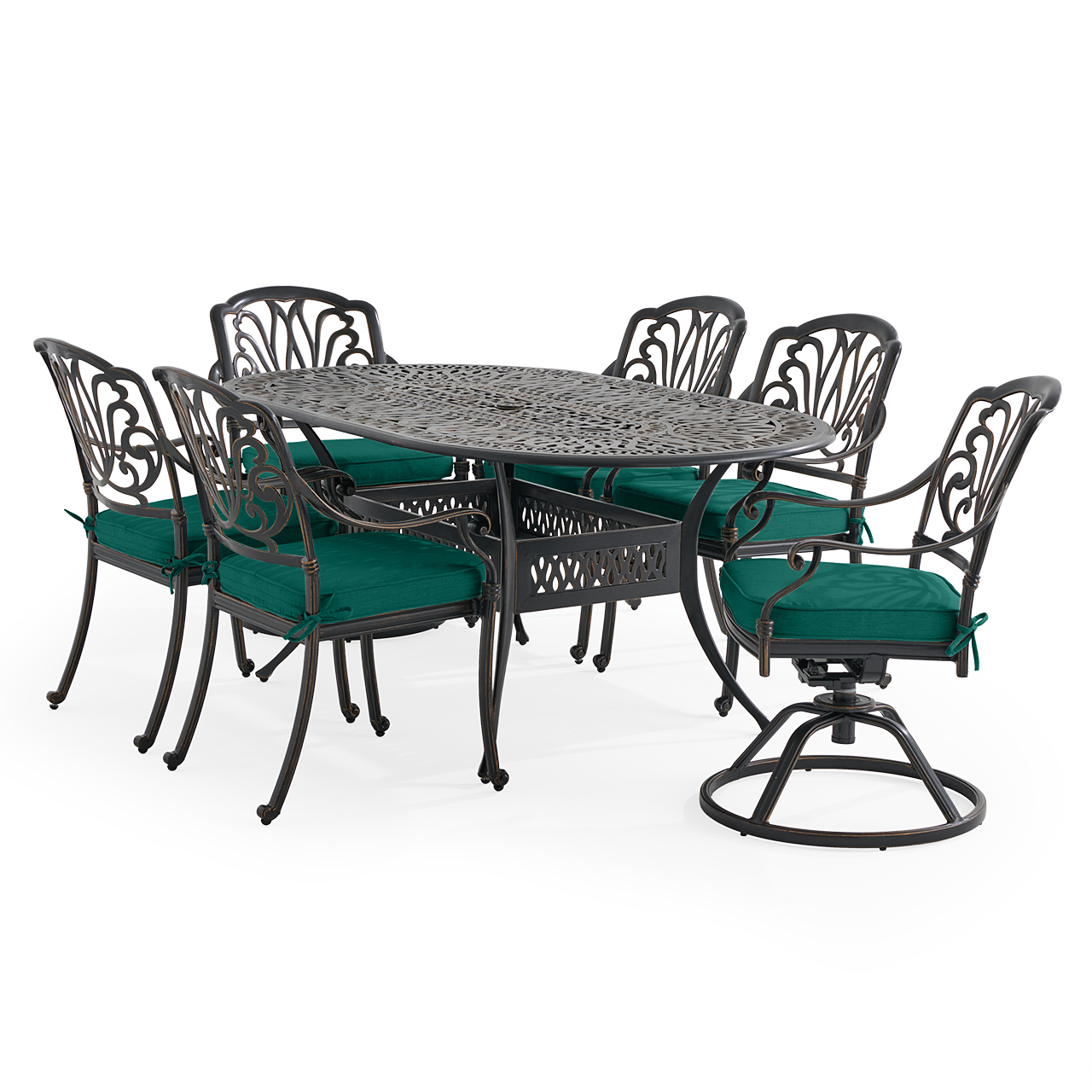 Roma Black Gold Cast Aluminum with Cushions 7 Piece Combo Dining Set + 72 x 42 in. Table (Canvas Forest Green)