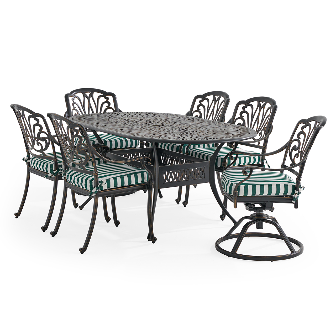 Roma Black Gold Cast Aluminum with Cushions 7 Piece Combo Dining Set + 72 x 42 in. Table (Mason Forest Green)