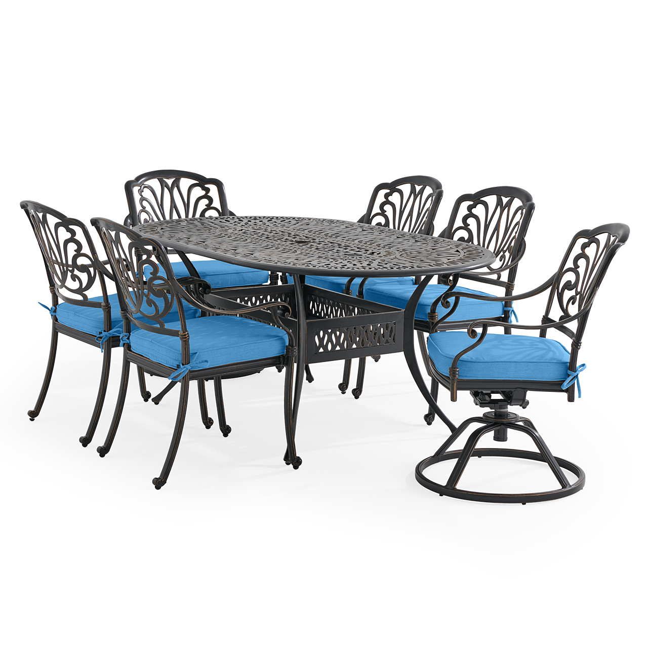 Roma Black Gold Cast Aluminum with Cushions 7 Piece Combo Dining Set + 72 x 42 in. Table (Canvas Regatta)