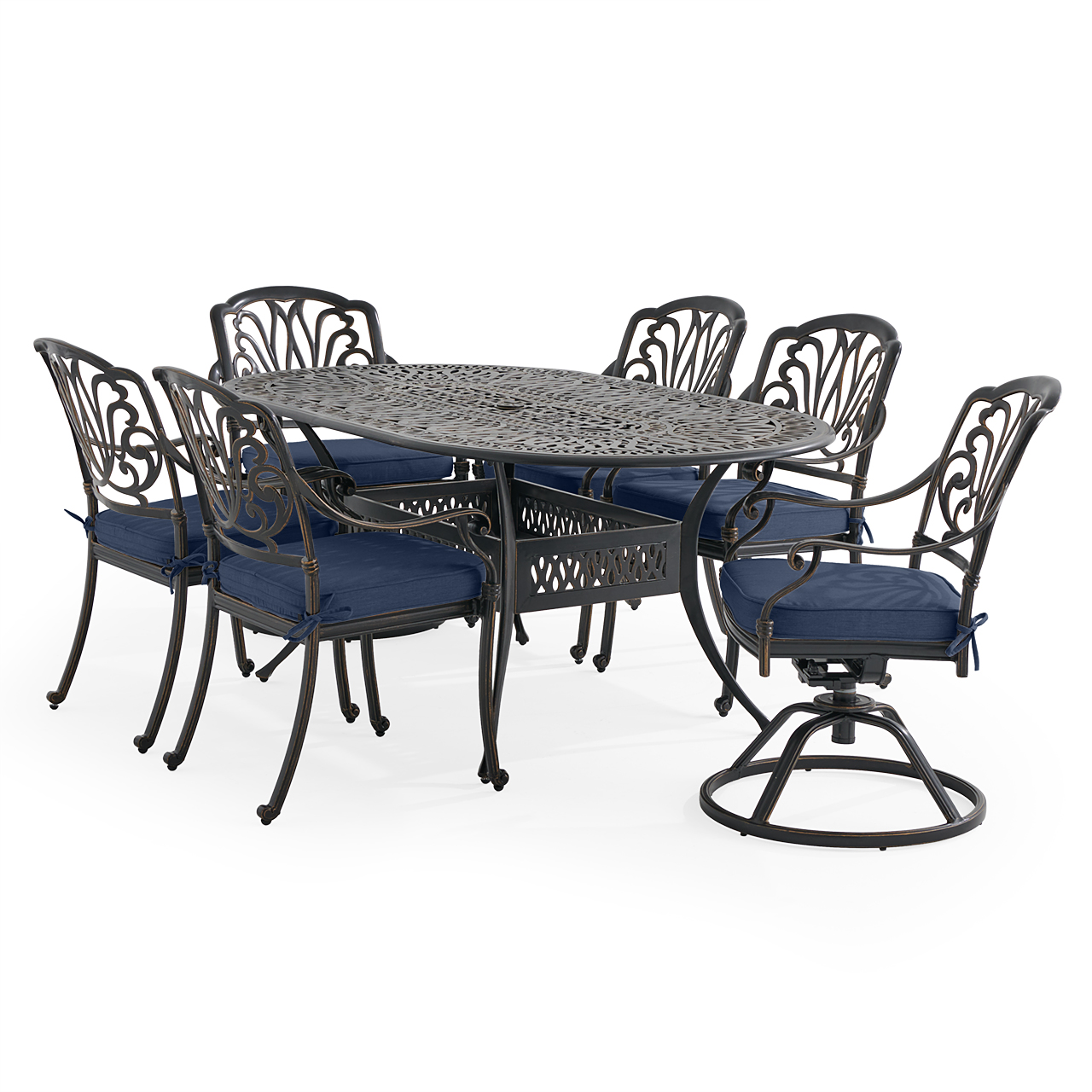 Roma Black Gold Cast Aluminum with Cushions 7 Piece Combo Dining Set + 72 x 42 in. Table (Spectrum Indigo)