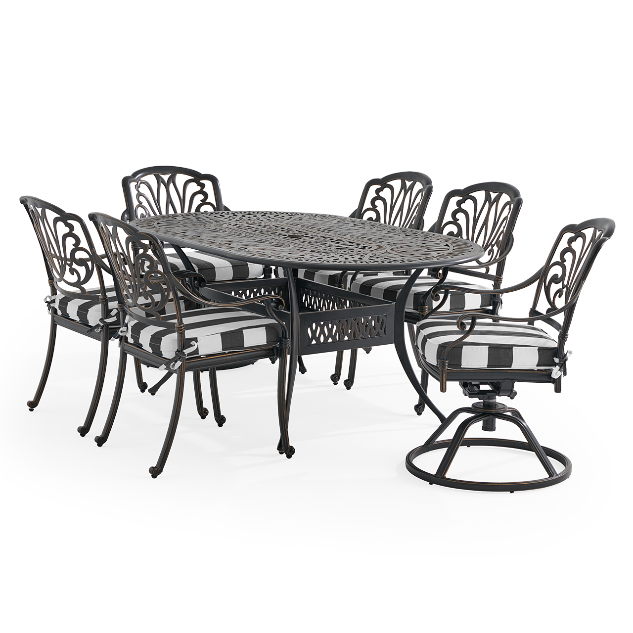 Roma Black Gold Cast Aluminum with Cushions 7 Piece Combo Dining Set + 72 x 42 in. Table (Cabana Classic)