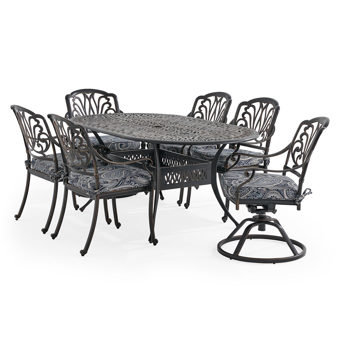 Roma Black Gold Cast Aluminum with Cushions 7 Piece Combo Dining Set + 72 x 42 in. Table (Royce Indigo)