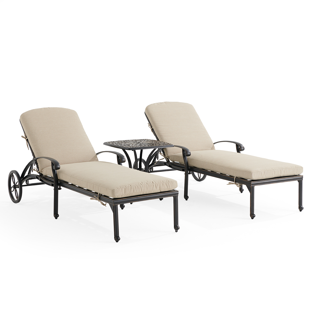 Roma Black Gold Cast Aluminum with Cushions 3 Piece Chaise Lounge Set + 21 in. Sq. Side Table (Beige)