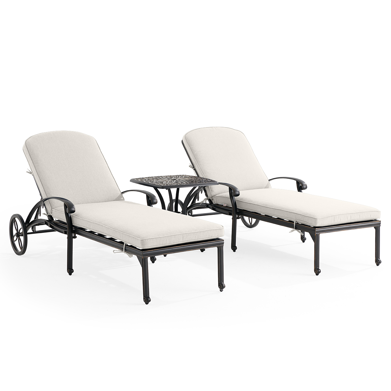 Roma Black Gold Cast Aluminum with Cushions 3 Piece Chaise Lounge Set + 21 in. Sq. Side Table (Mist)