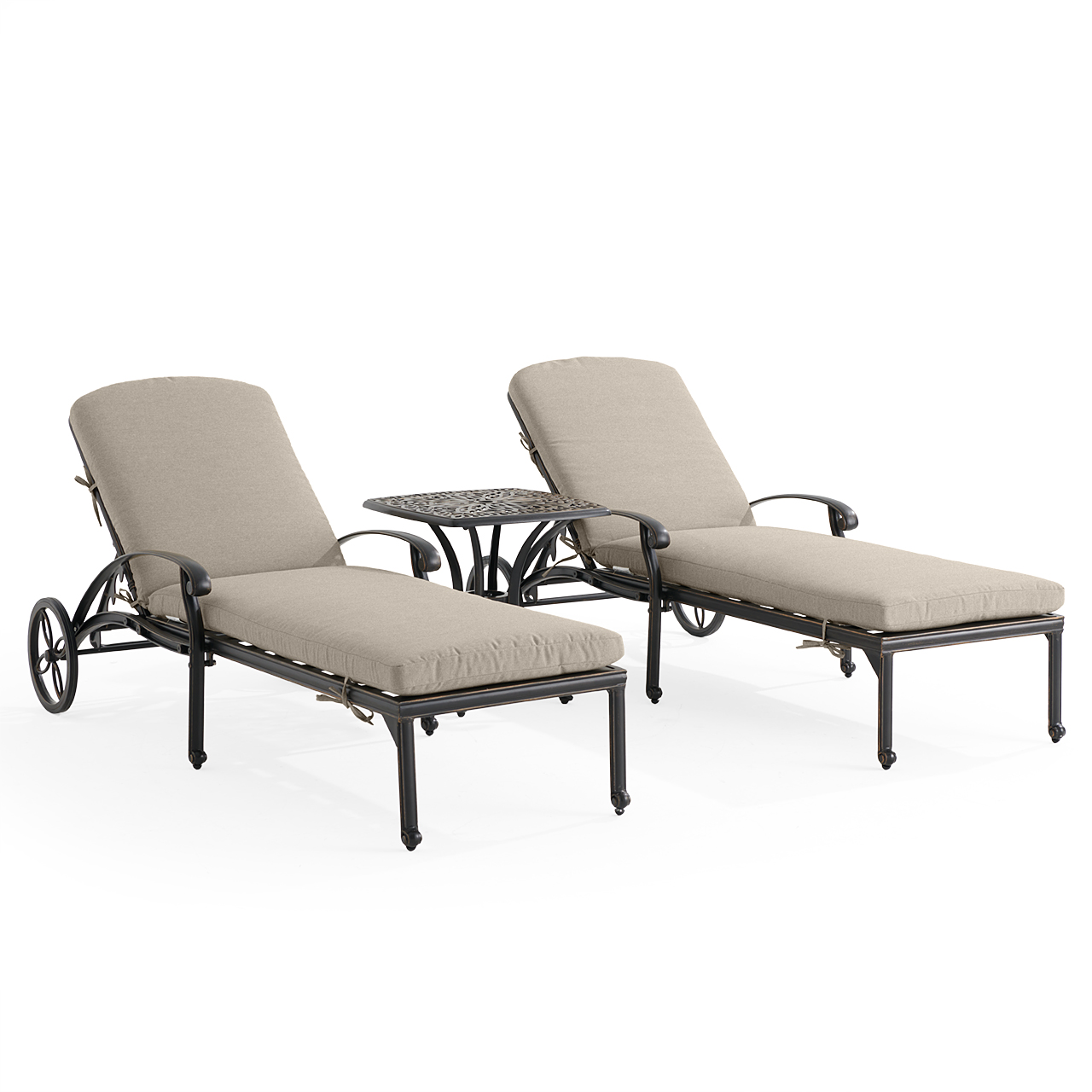 Roma Black Gold Cast Aluminum with Cushions 3 Piece Chaise Lounge Set + 21 in. Sq. Side Table (Melange Ash)