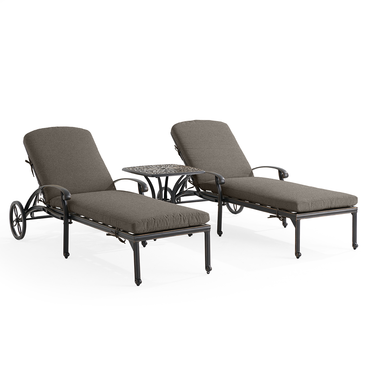 Roma Black Gold Cast Aluminum with Cushions 3 Piece Chaise Lounge Set + 21 in. Sq. Side Table (Linen Graphite)