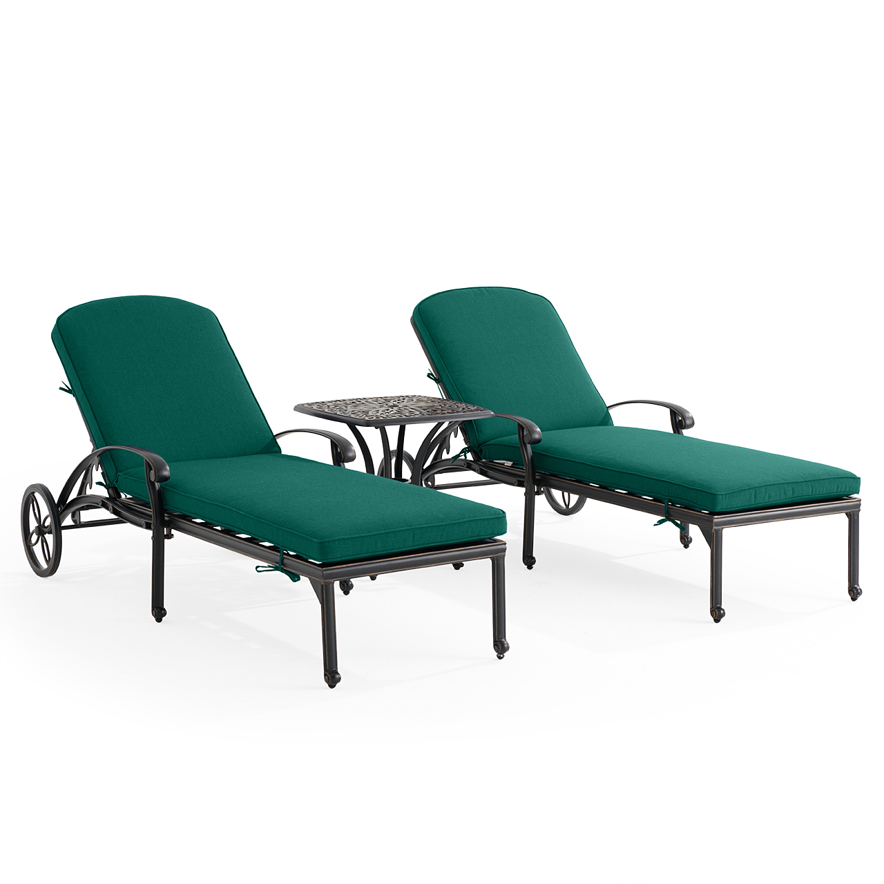 Roma Black Gold Cast Aluminum with Cushions 3 Piece Chaise Lounge Set + 21 in. Sq. Side Table (Canvas Forest Green)