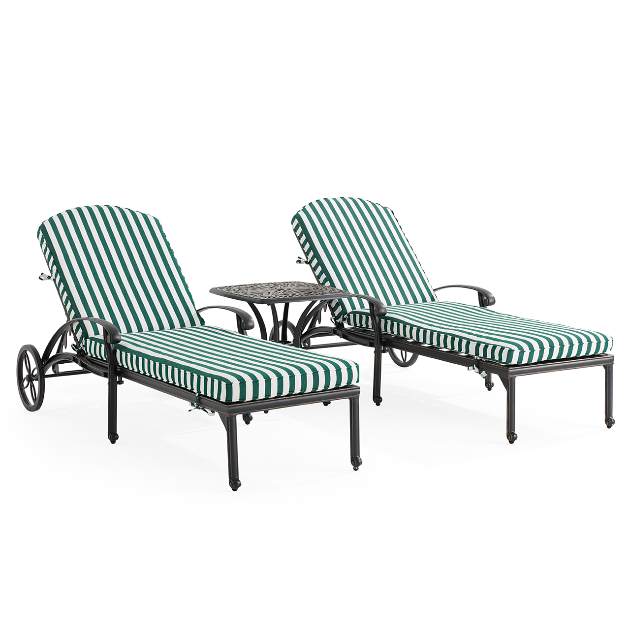 Roma Black Gold Cast Aluminum with Cushions 3 Piece Chaise Lounge Set + 21 in. Sq. Side Table (Mason Forest Green)