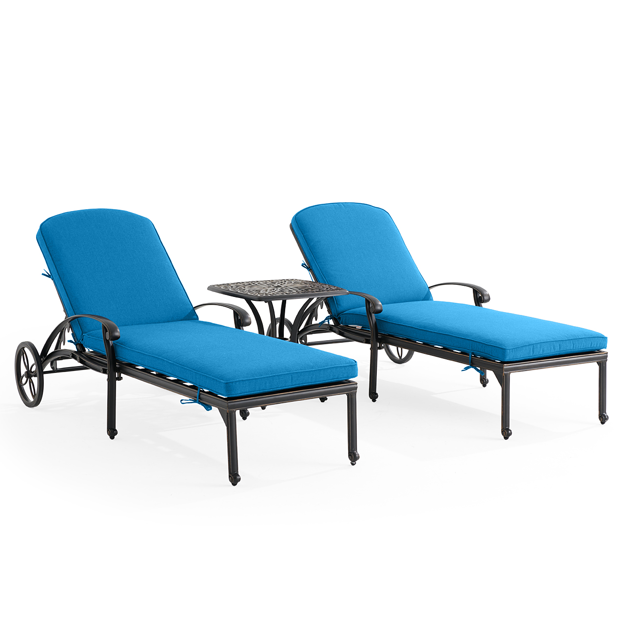 Roma Black Gold Cast Aluminum with Cushions 3 Piece Chaise Lounge Set + 21 in. Sq. Side Table (Canvas Regatta)