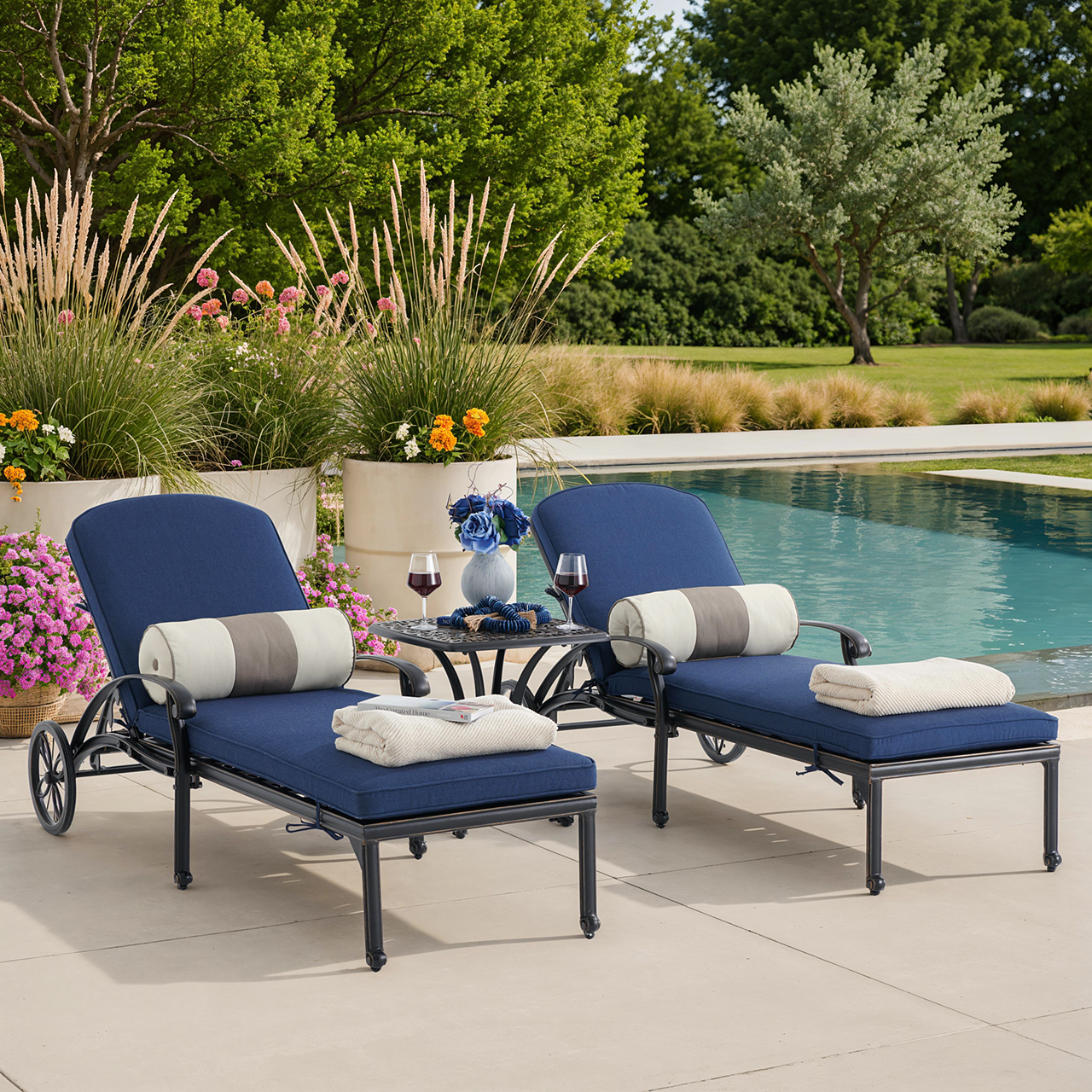 Roma Black Gold Cast Aluminum with Cushions 3 Piece Chaise Lounge Set + 21 in. Sq. Side Table (Spectrum Indigo)