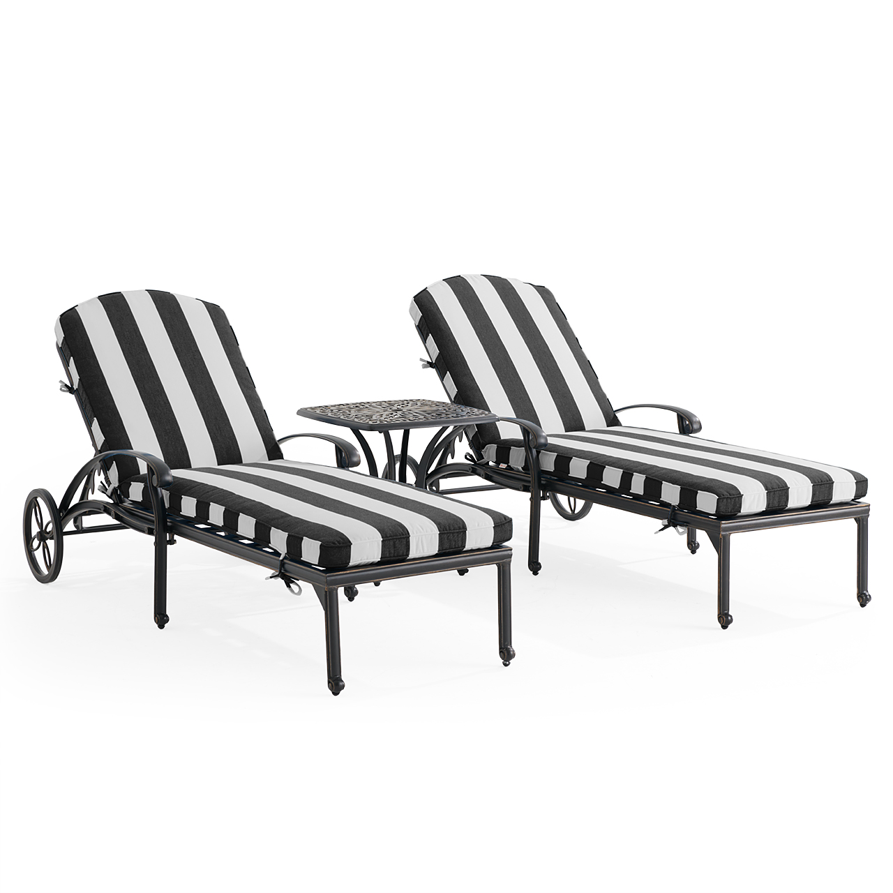 Roma Black Gold Cast Aluminum with Cushions 3 Piece Chaise Lounge Set + 21 in. Sq. Side Table (Cabana Classic)