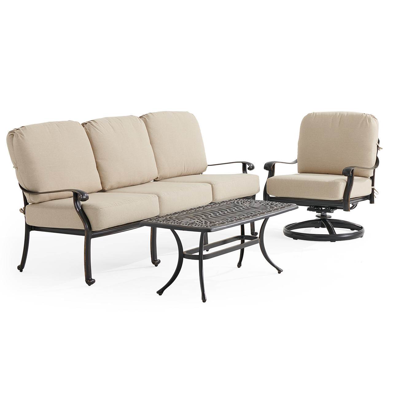 Roma Black Gold Cast Aluminum with Cushions 3 Piece Swivel Sofa Group + 42 x 21 in. Coffee Table (Beige)