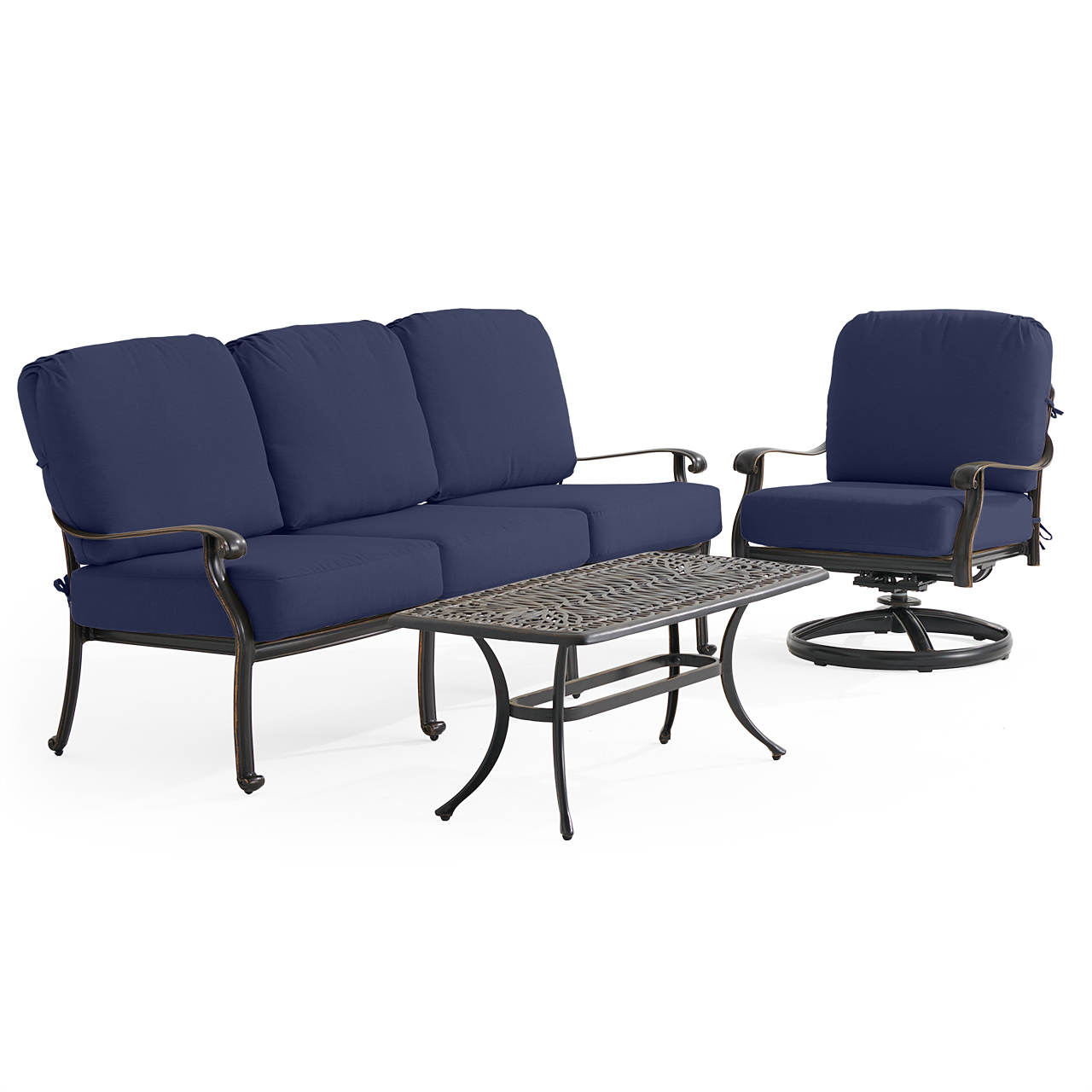 Roma Black Gold Cast Aluminum with Cushions 3 Piece Swivel Sofa Group + 42 x 21 in. Coffee Table (Navy)