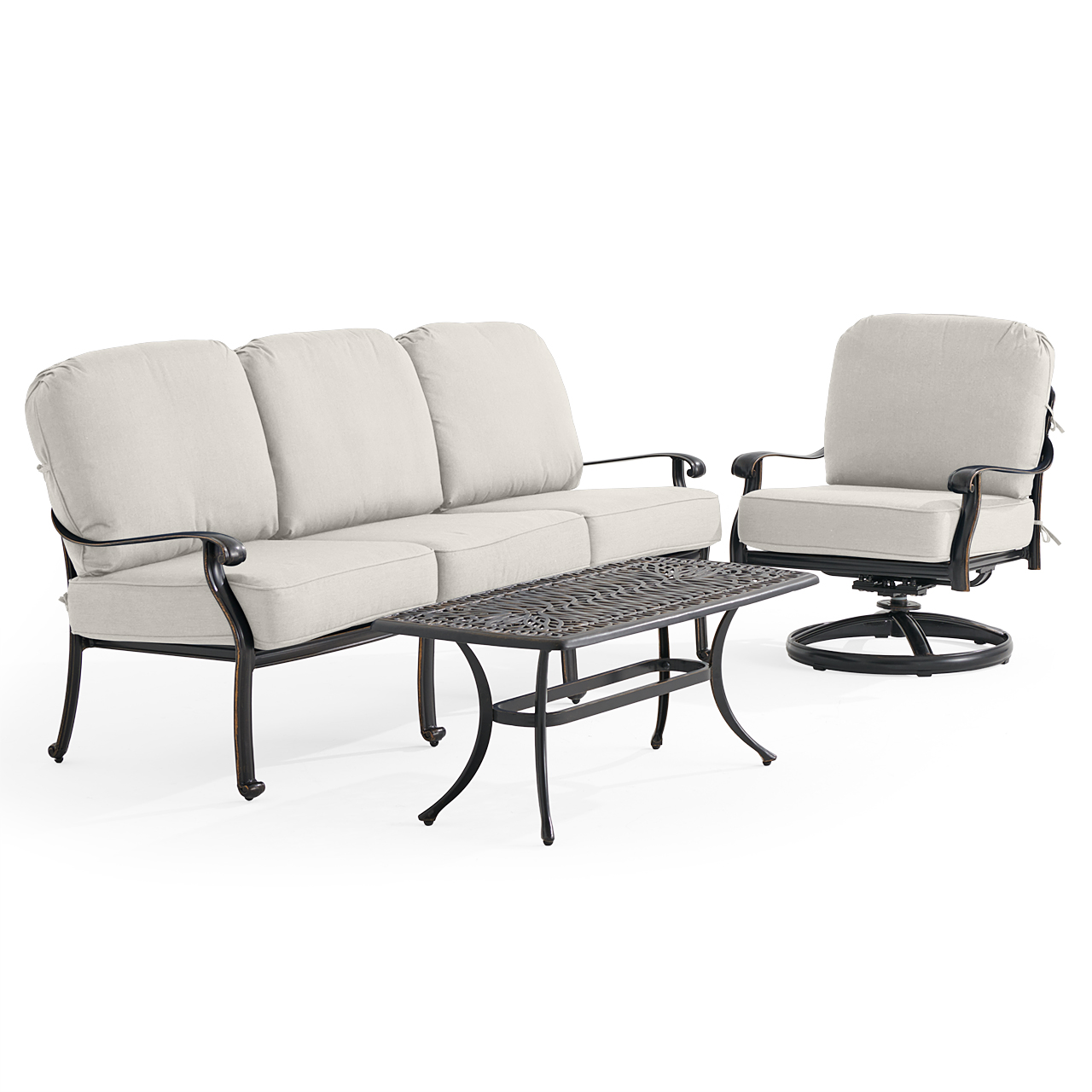 Roma Black Gold Cast Aluminum with Cushions 3 Piece Swivel Sofa Group + 42 x 21 in. Coffee Table (Mist)