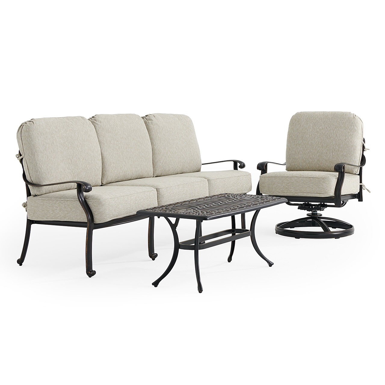 Roma Black Gold Cast Aluminum with Cushions 3 Piece Swivel Sofa Group + 42 x 21 in. Coffee Table (Melange Ash)