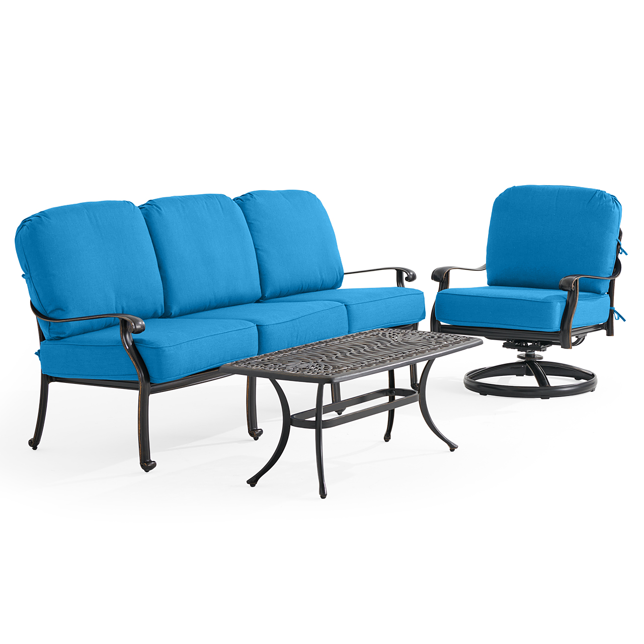 Roma Black Gold Cast Aluminum with Cushions 3 Piece Swivel Sofa Group + 42 x 21 in. Coffee Table (Canvas Regatta)
