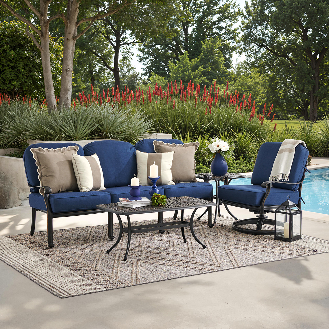 Roma Black Gold Cast Aluminum with Cushions 3 Piece Swivel Sofa Group + 42 x 21 in. Coffee Table (Spectrum Indigo)