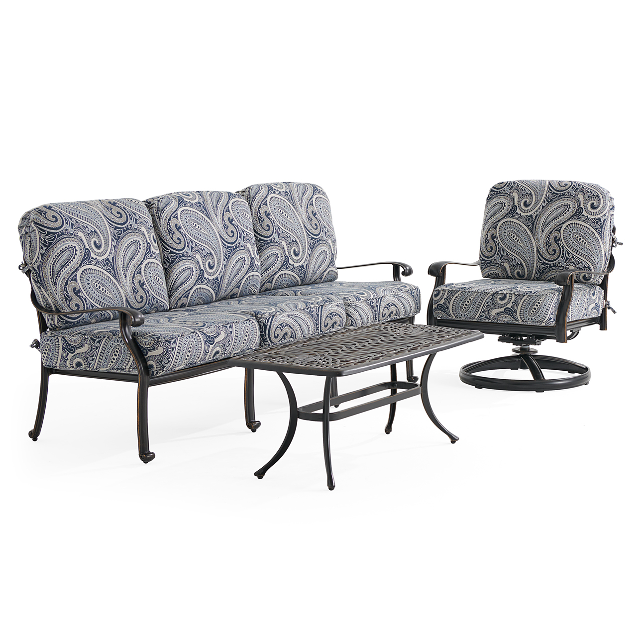 Roma Black Gold Cast Aluminum with Cushions 3 Piece Swivel Sofa Group + 42 x 21 in. Coffee Table (Royce Indigo)