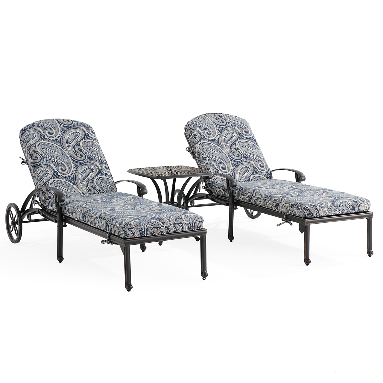 Roma Black Gold Cast Aluminum with Cushions 3 Piece Chaise Lounge Set + 21 in. Sq. Side Table (Royce Indigo)