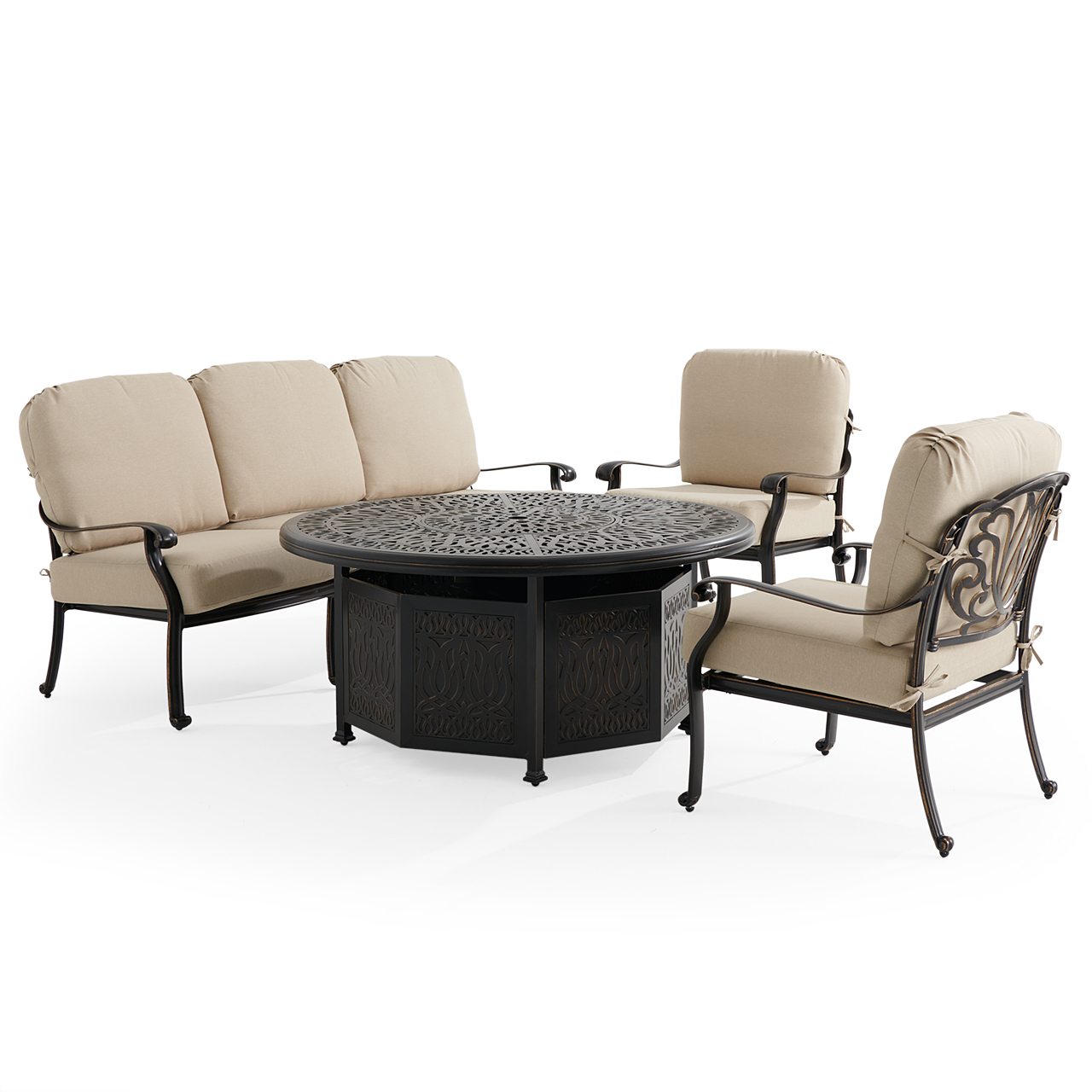 Roma Black Gold Cast Aluminum with Cushions 4 Piece Sofa Group + 52 in. D Gas Fire Pit (Beige)