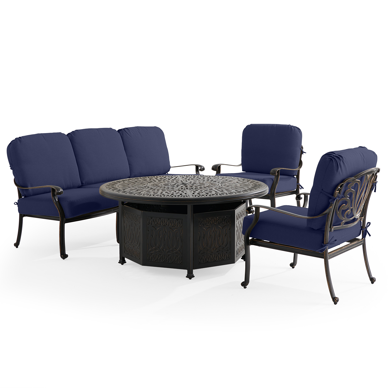 Roma Black Gold Cast Aluminum with Cushions 4 Piece Sofa Group + 52 in. D Gas Fire Pit (Navy)