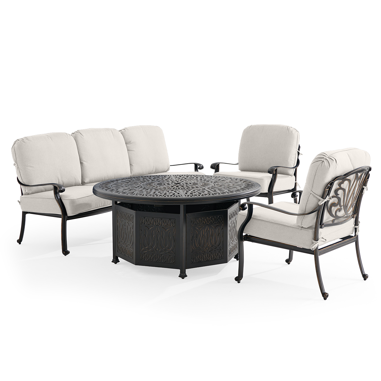 Roma Black Gold Cast Aluminum with Cushions 4 Piece Sofa Group + 52 in. D Gas Fire Pit (Mist)
