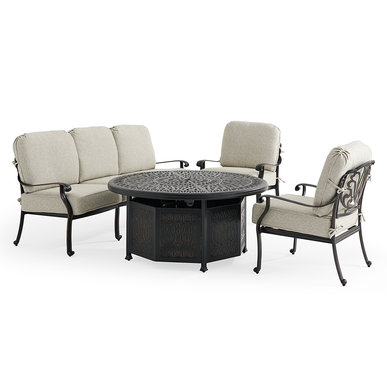 Roma Black Gold Cast Aluminum with Cushions 4 Piece Sofa Group + 52 in. D Gas Fire Pit (Melange Ash)
