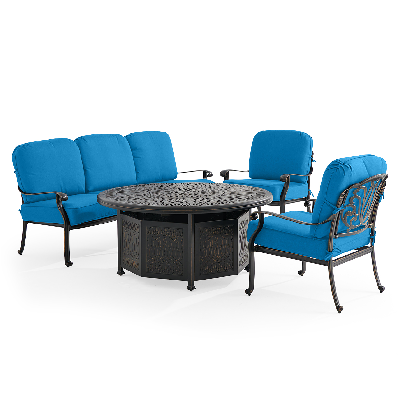 Roma Black Gold Cast Aluminum with Cushions 4 Piece Sofa Group + 52 in. D Gas Fire Pit (Canvas Regatta)