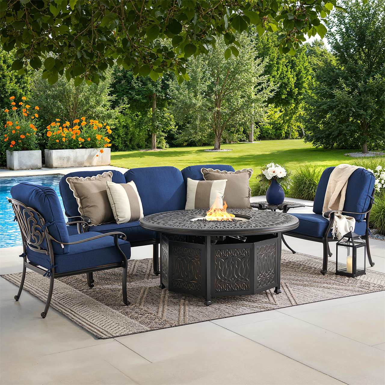 Roma Black Gold Cast Aluminum with Cushions 4 Piece Sofa Group + 52 in. D Gas Fire Pit (Spectrum Indigo)