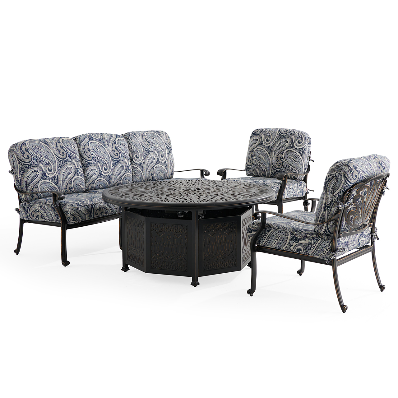 Roma Black Gold Cast Aluminum with Cushions 4 Piece Sofa Group + 52 in. D Gas Fire Pit (Royce Indigo)