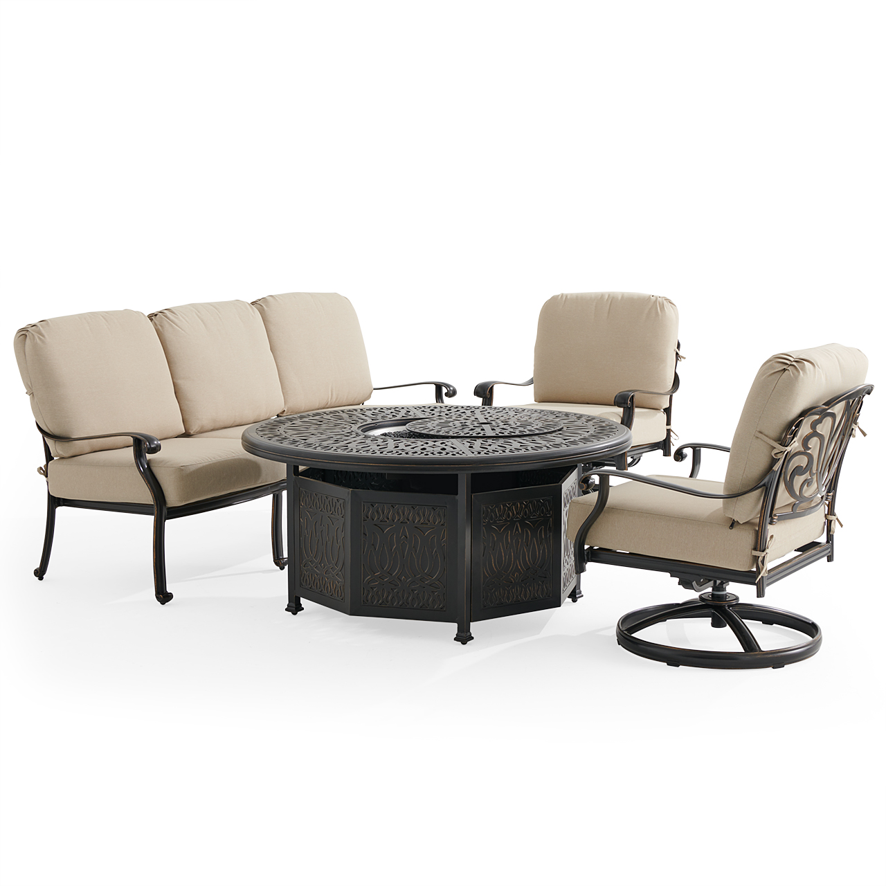 Roma Black Gold Cast Aluminum with Cushions 4 Piece Swivel Sofa Group + 52 in. D Gas Fire Pit (Beige)
