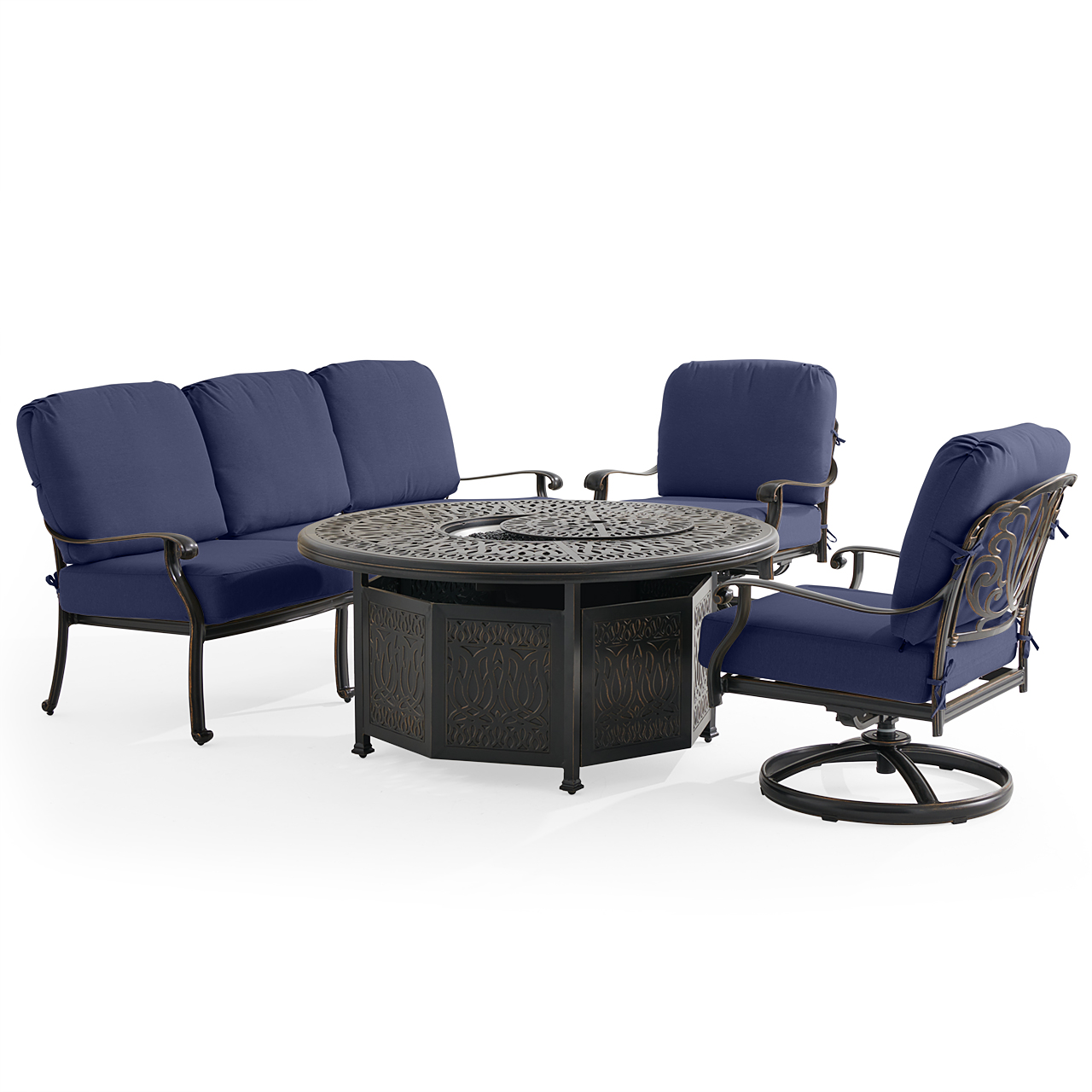 Roma Black Gold Cast Aluminum with Cushions 4 Piece Swivel Sofa Group + 52 in. D Gas Fire Pit (Navy)