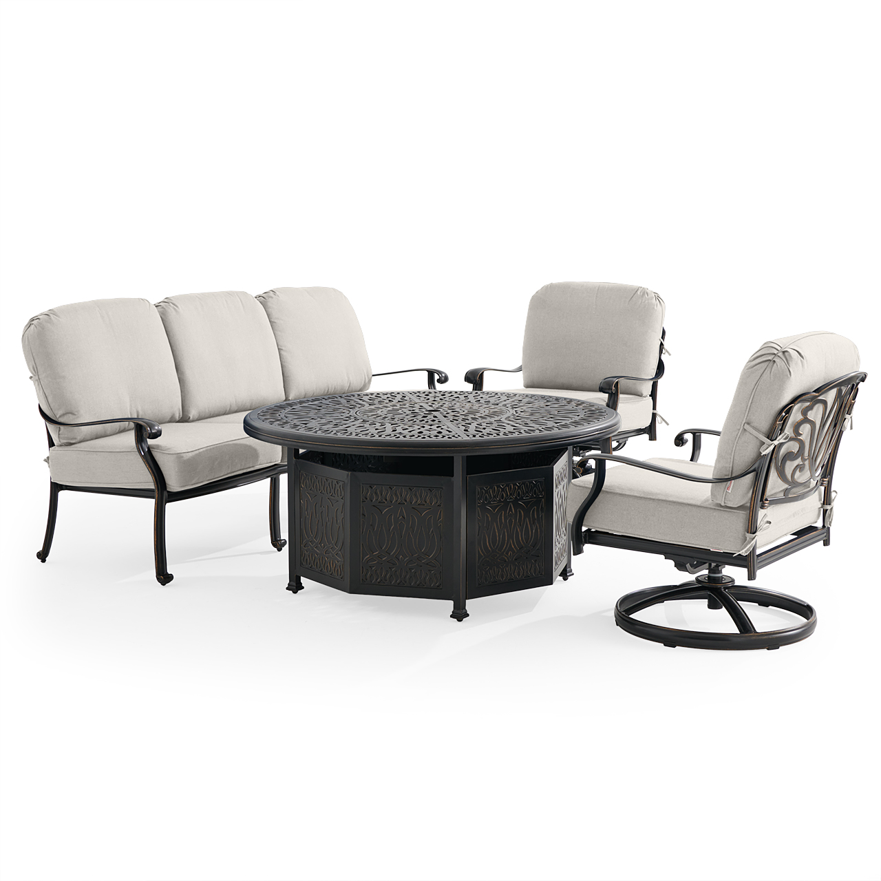 Roma Black Gold Cast Aluminum with Cushions 4 Piece Swivel Sofa Group + 52 in. D Gas Fire Pit (Mist)