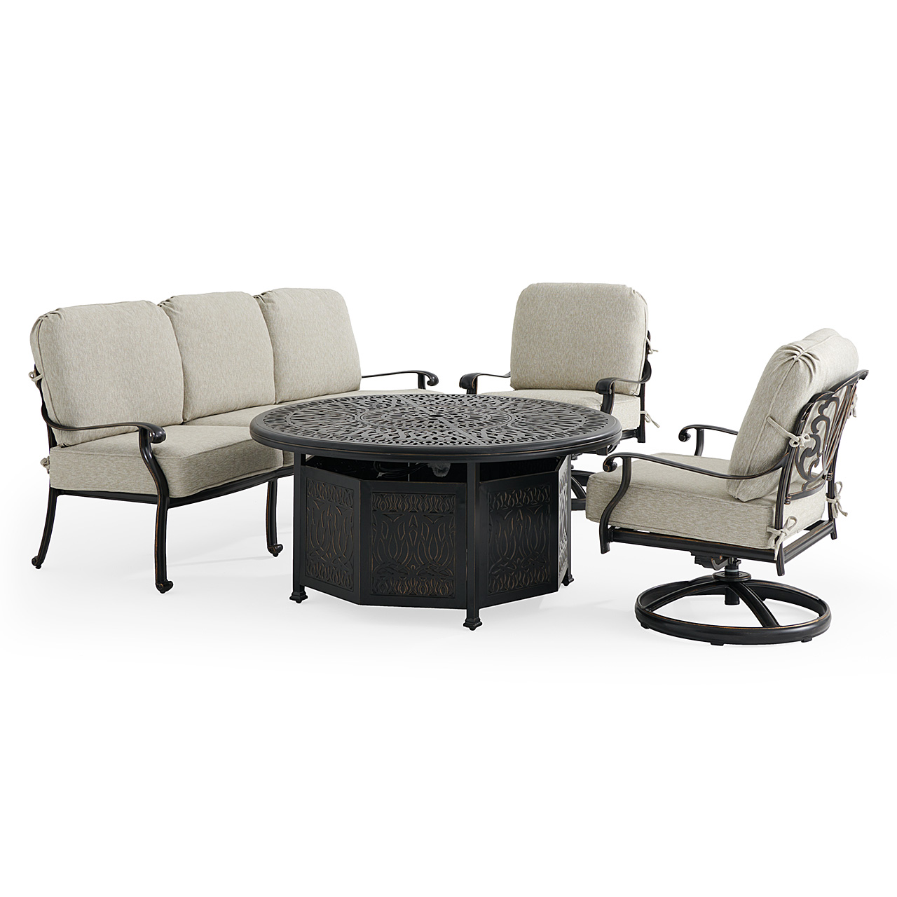 Roma Black Gold Cast Aluminum with Cushions 4 Piece Swivel Sofa Group + 52 in. D Gas Fire Pit (Melange Ash)