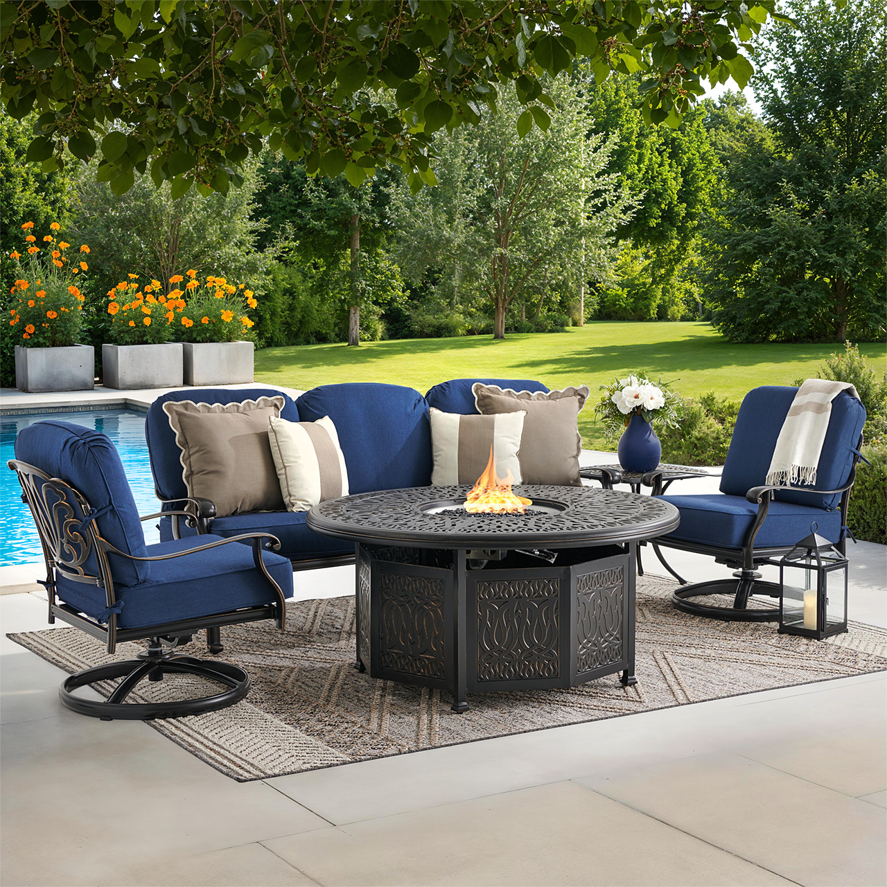 Roma Black Gold Cast Aluminum with Cushions 4 Piece Swivel Sofa Group + 52 in. D Gas Fire Pit (Spectrum Indigo)