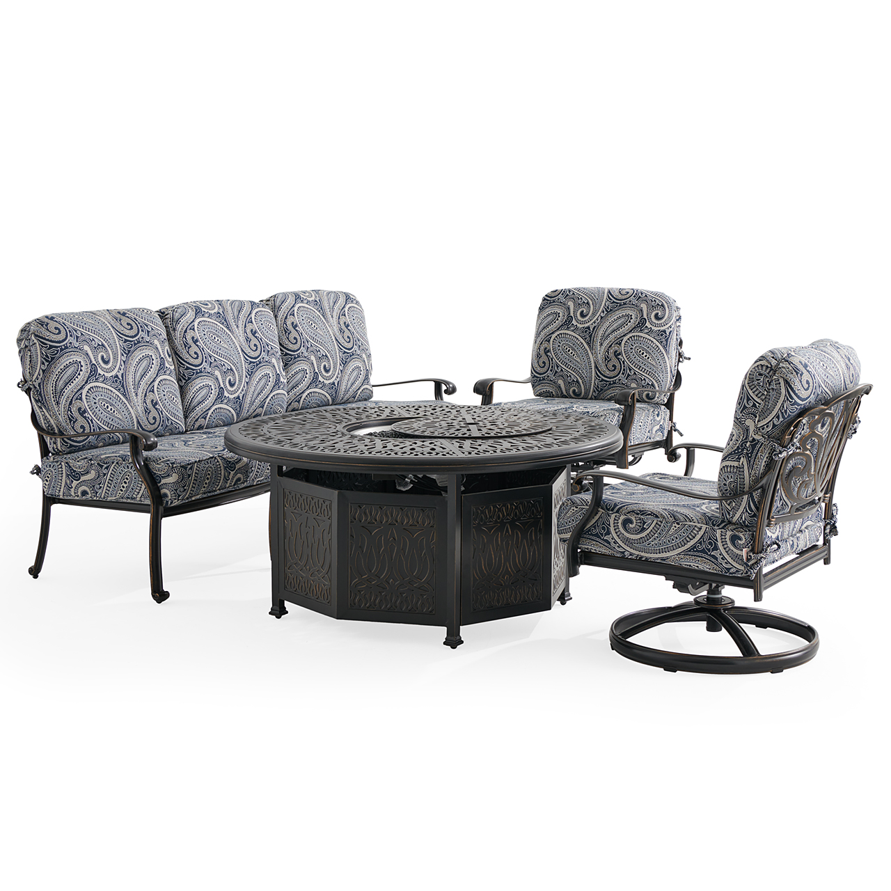 Roma Black Gold Cast Aluminum with Cushions 4 Piece Swivel Sofa Group + 52 in. D Gas Fire Pit (Royce Indigo)
