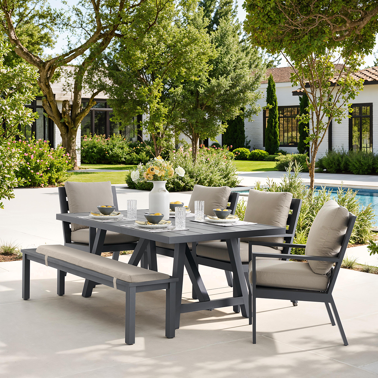 Montecito Charcoal Aluminum with Cushions 6 Piece Bench Dining Set + 70 x 40 in. Table (Meteor Taupe)