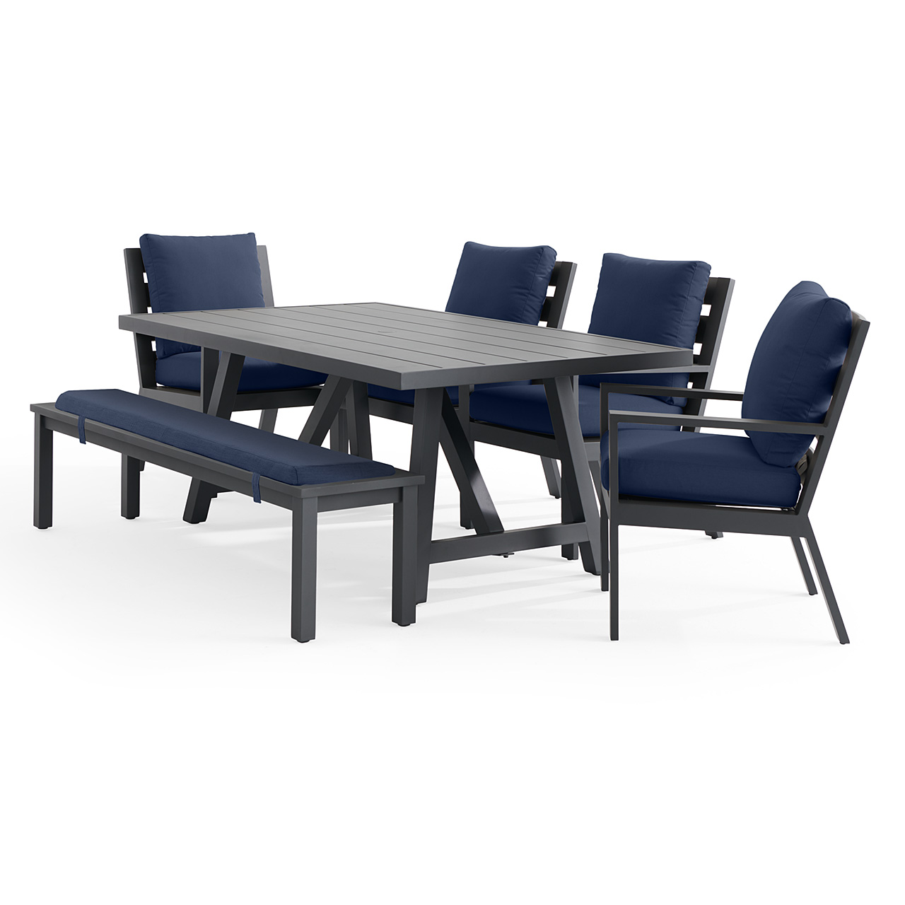 Montecito Charcoal Aluminum with Cushions 6 Piece Bench Dining Set + 70 x 40 in. Table (Spectrum Indigo)