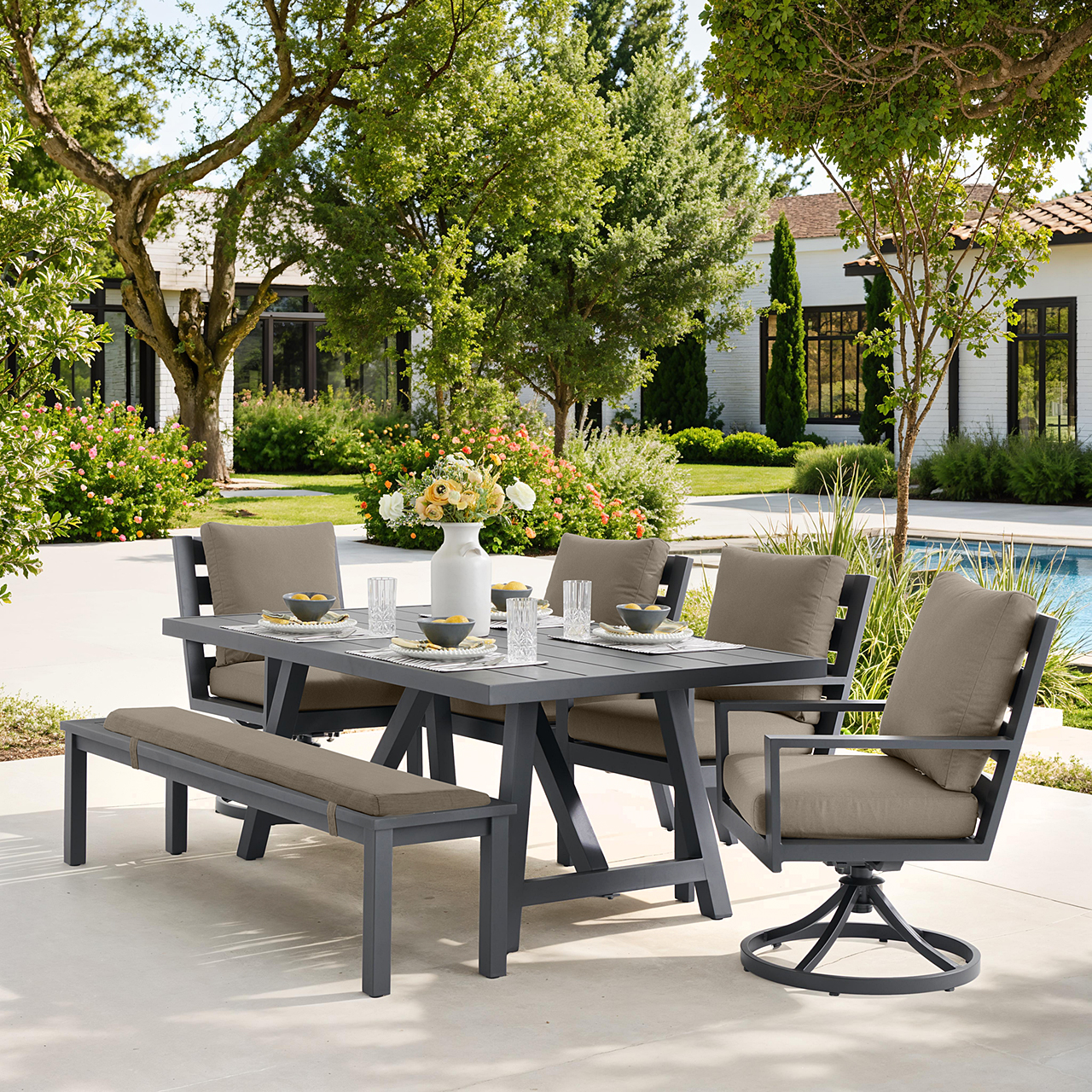 Montecito Charcoal Aluminum with Cushions 6 Piece Combo Bench Dining Set + 70 x 40 in. Table (Meteor Taupe)
