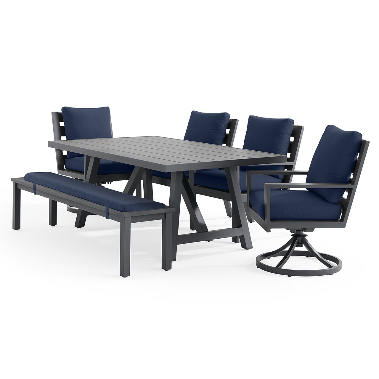 Montecito Charcoal Aluminum with Cushions 6 Piece Combo Bench Dining Set + 70 x 40 in. Table (Spectrum Indigo)