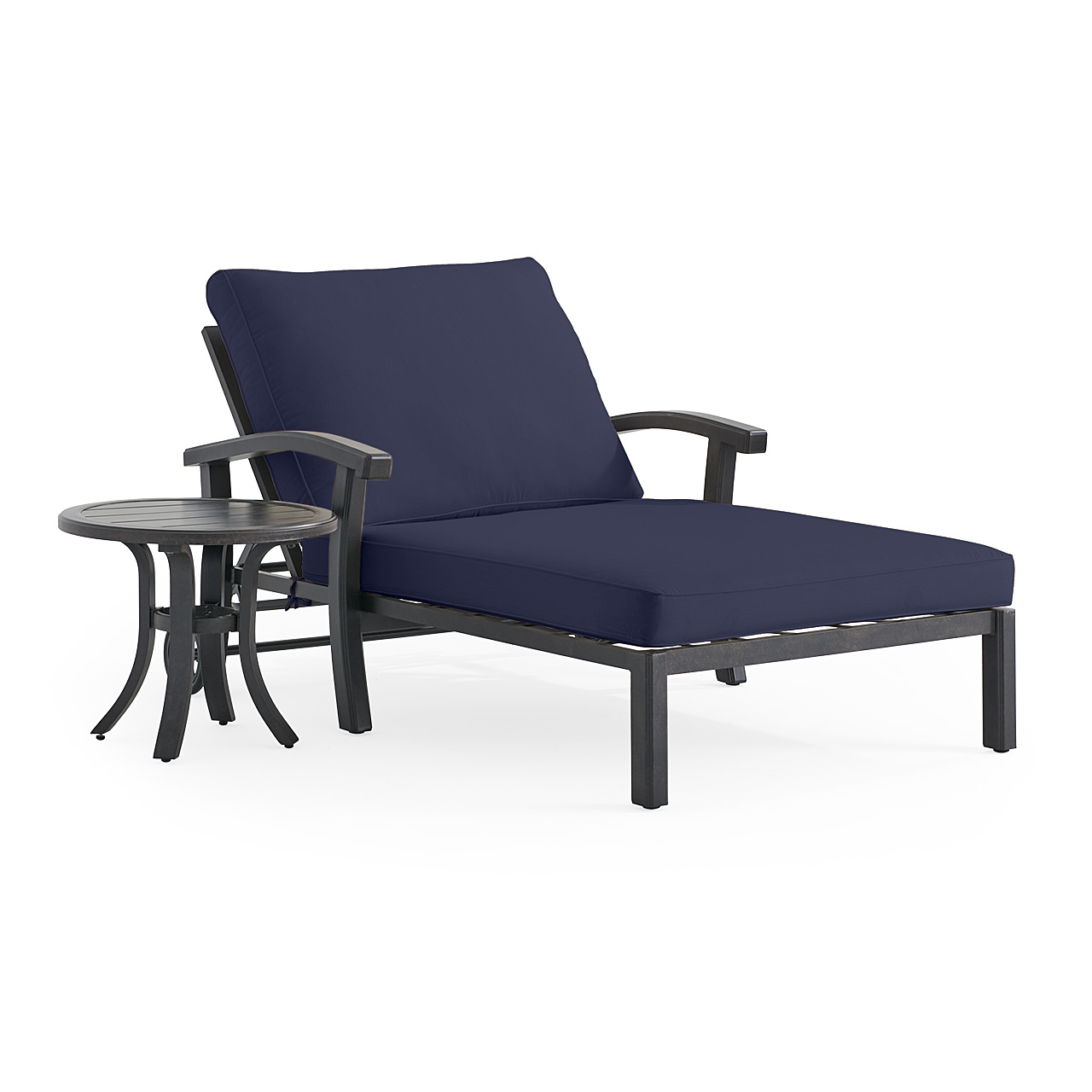 Fairmont Rustic Bronze Aluminum with Cushions 2 Piece Double Chaise Lounge Set + 24 in. D End Table (Panama Indigo)