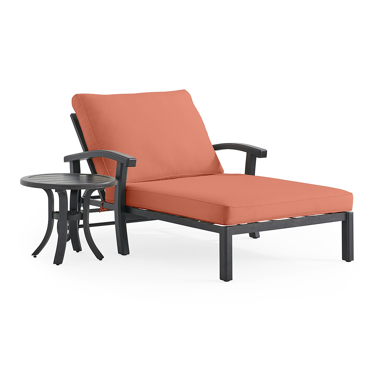 Fairmont Rustic Bronze Aluminum with Cushions 2 Piece Double Chaise Lounge Set + 24 in. D End Table (Paprika)