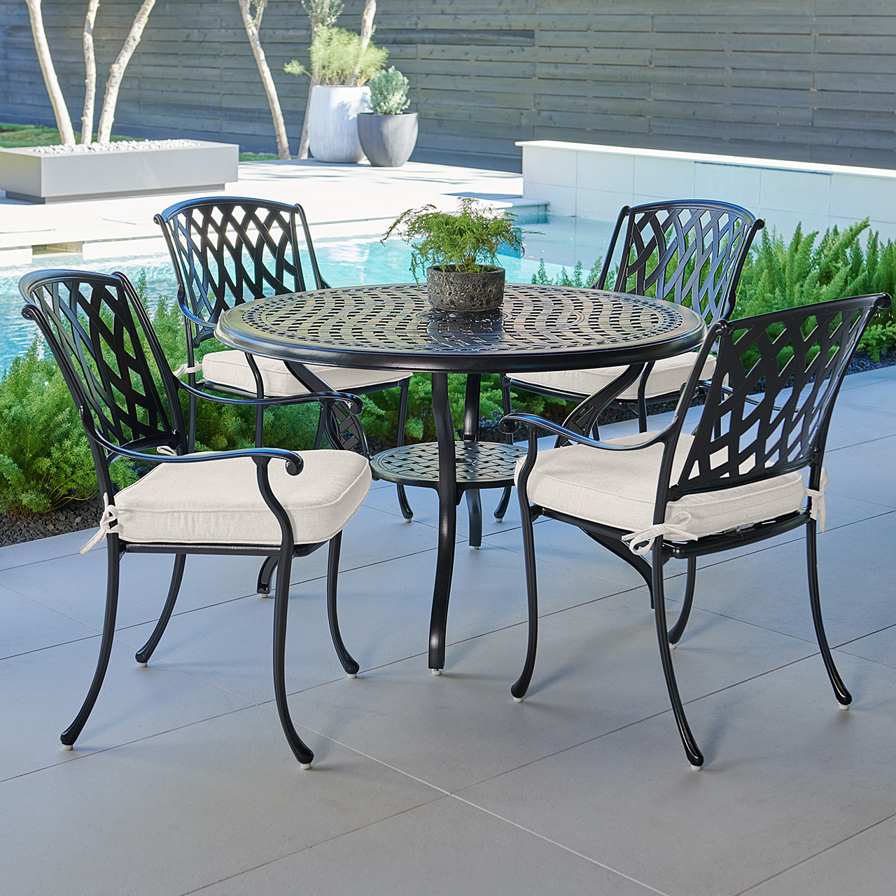 Tivoli Matte Black Cast Aluminum with Cushions 5 Piece Dining Set + 48 in. D Table (Mist)