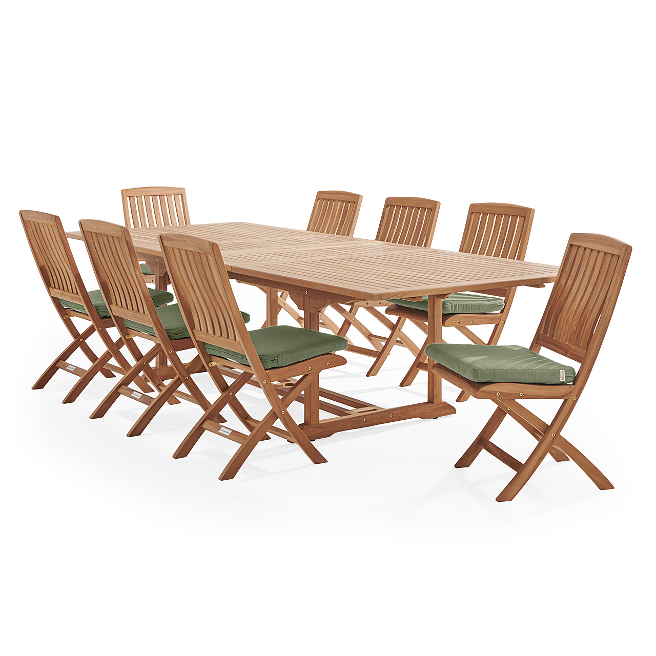 Westport Teak with Cushions 9 Piece Armless Dining Set + Bristol 87-118 x 47 in. Extension Table (Scotland Green)