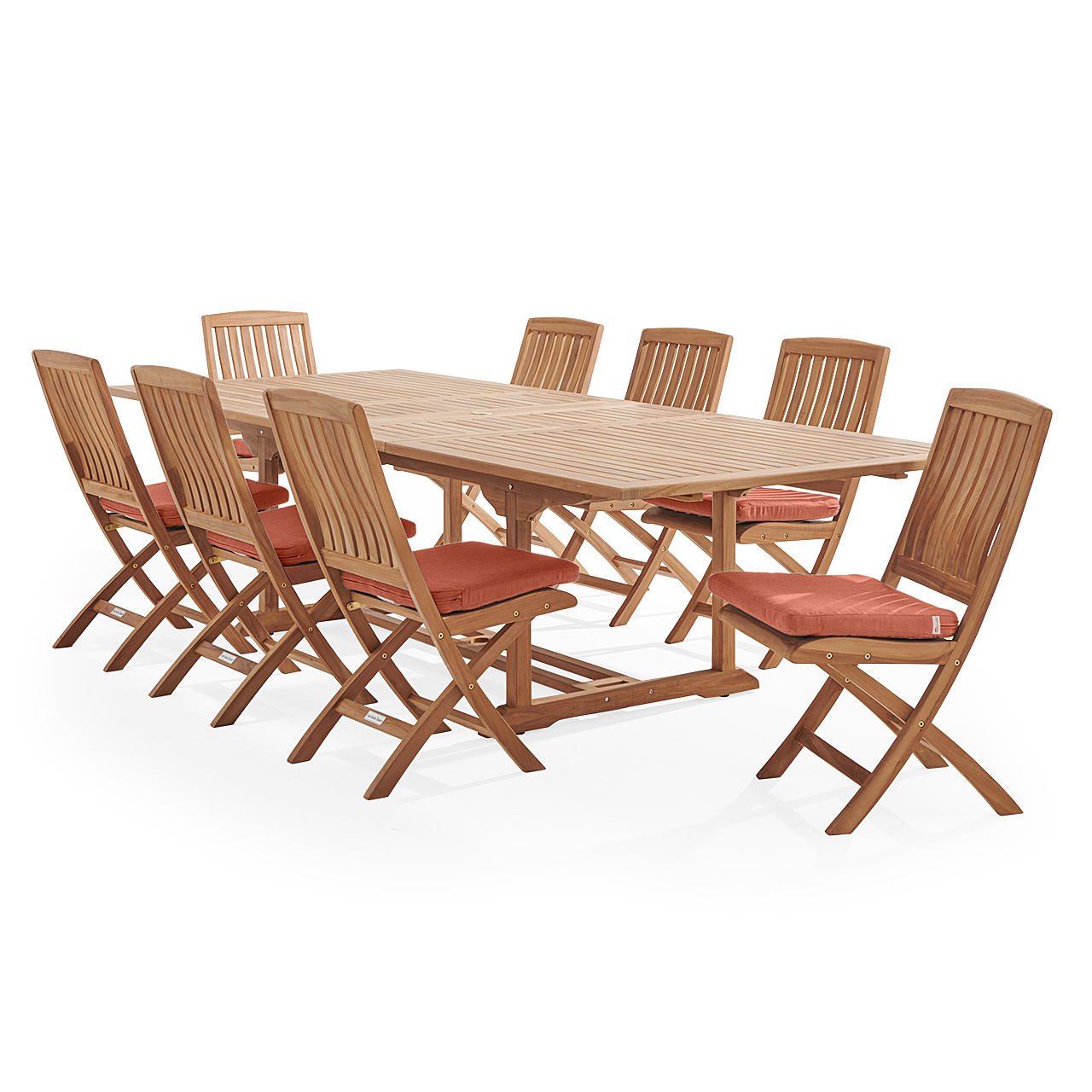 Westport Teak with Cushions 9 Piece Armless Dining Set + Bristol 87-118 x 47 in. Extension Table (Paprika)