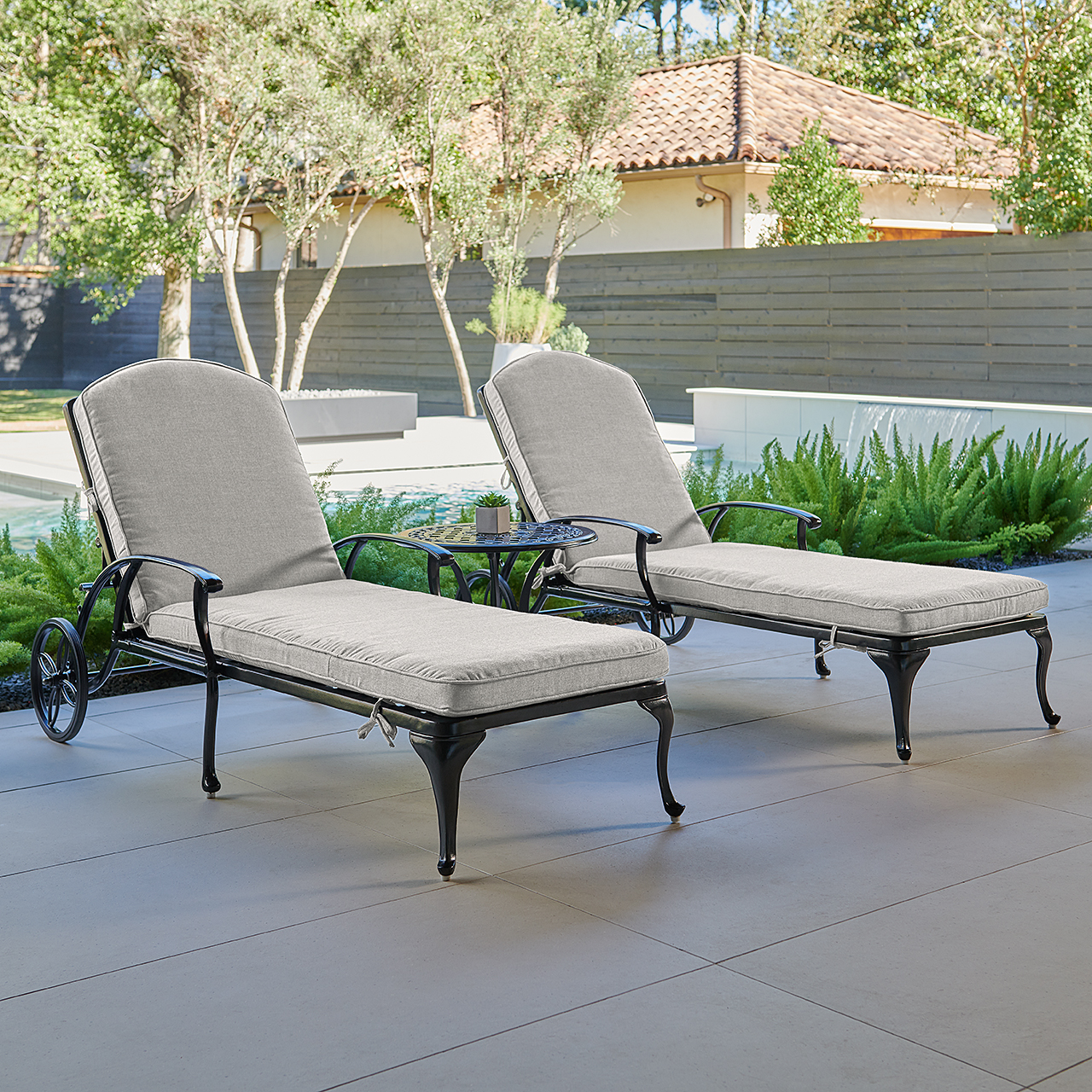 Tivoli Matte Black Cast Aluminum with Cushions 3 Piece Chaise Lounge Set + 22 in. D Side Table (Canvas Granite)