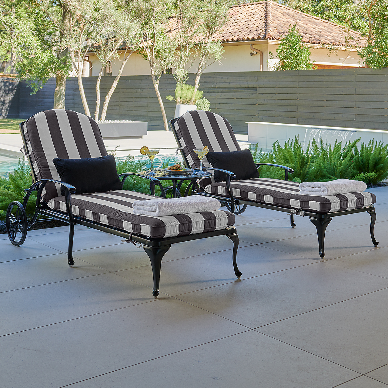 Tivoli Matte Black Cast Aluminum with Cushions 3 Piece Chaise Lounge Set + 22 in. D Side Table (Cabana Classic)