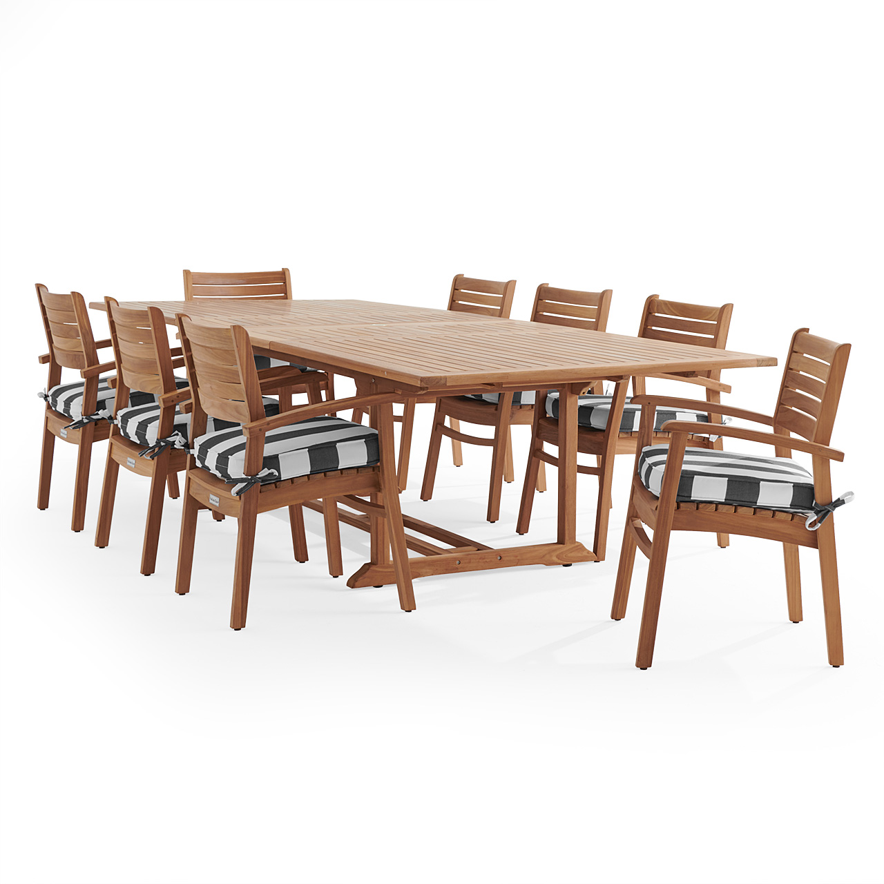 Warwick Teak with Cushions 9 Piece Dining Set + Bristol 87-118 x 47 in. Table (Cabana Classic)