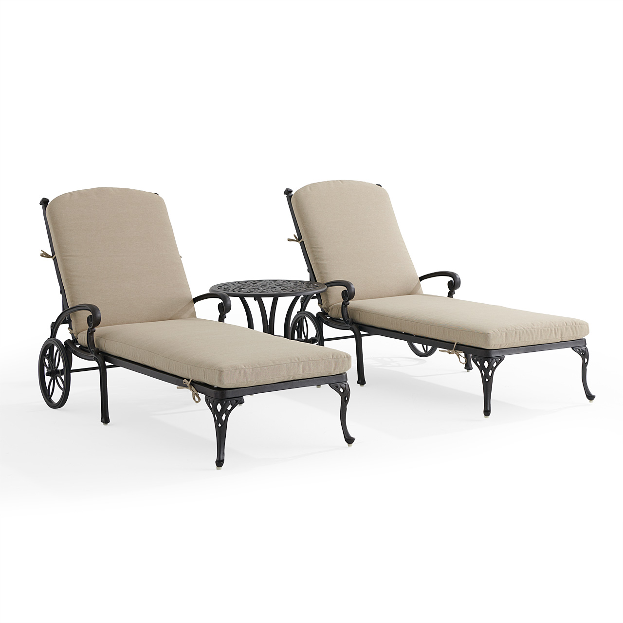Naples Aged Bronze Cast Aluminum with Cushions 3 Piece Chaise Lounge Set + 22 in. D Table (Beige)