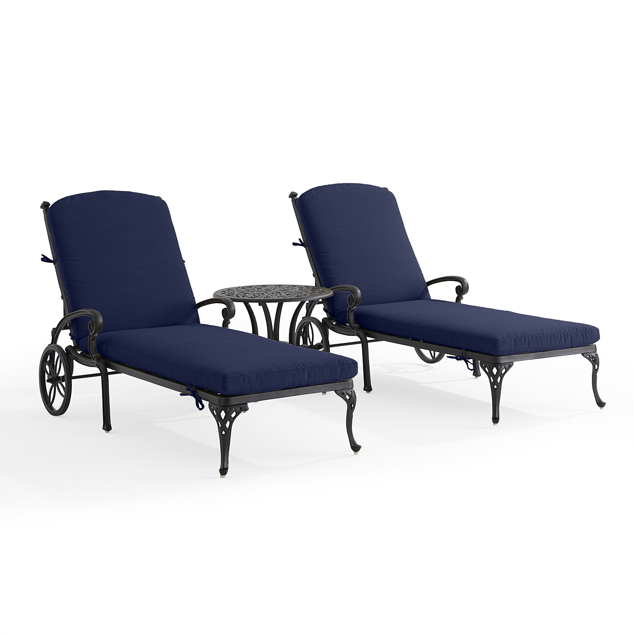 Naples Aged Bronze Cast Aluminum with Cushions 3 Piece Chaise Lounge Set + 22 in. D Table (Navy)